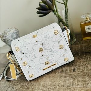 NWT Michael Kors Sofia Small Leather Floral Studded Crossbody Bag White
